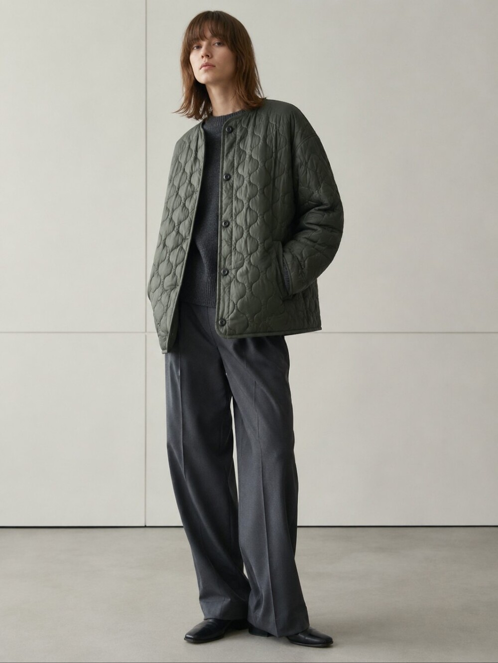 ARKET Oversized Quilted Liner Jacket Olive Green Utility Minimalist Scandi Sz L